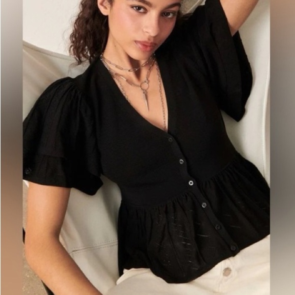 ba&sh Acacio Pointelle Black Ruffle Blouse - Picture 2 of 8